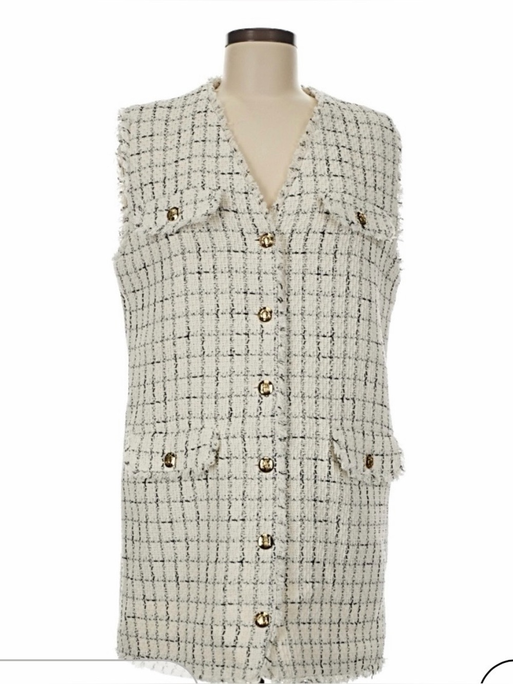 Anine Bing Sleeveless Tweed Button-Front Vest Dress in Ivory and Black